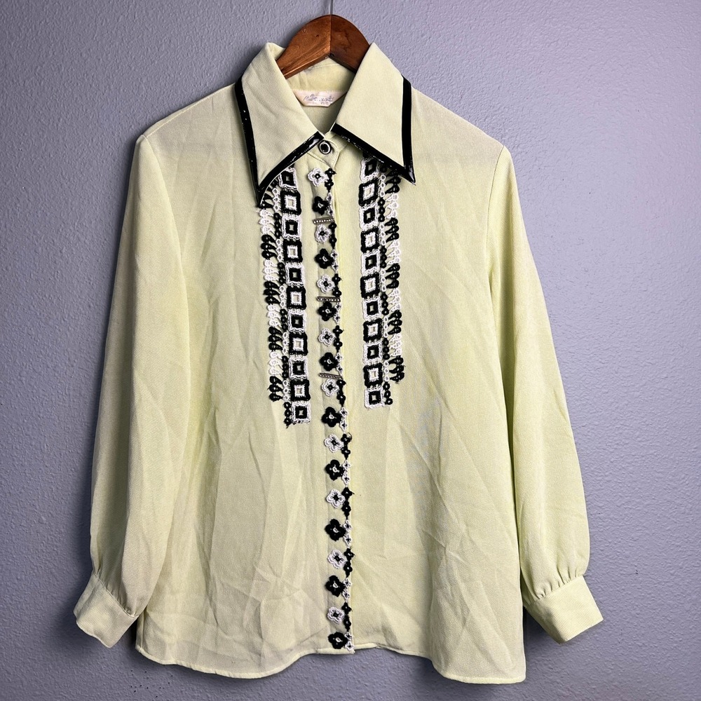 Vtg AJenot 70s Embroidered M Retro Western Mod Blouse Wool Bold Collar Y2K Disco